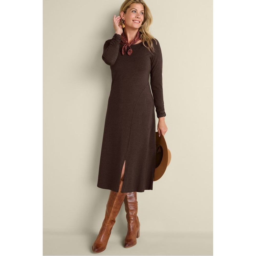 Soft Surroundings Annette Dress Size‎ Medium Brown Midi Long Ruched Sleeve Knit
